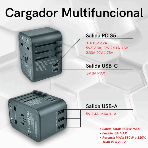 ADAPTADOR ENCHUFE UNIVERSAL 35.5W PD CARGA RÁPIDA. DE VIAJE 3 USB + 2 USB-C - Image 3