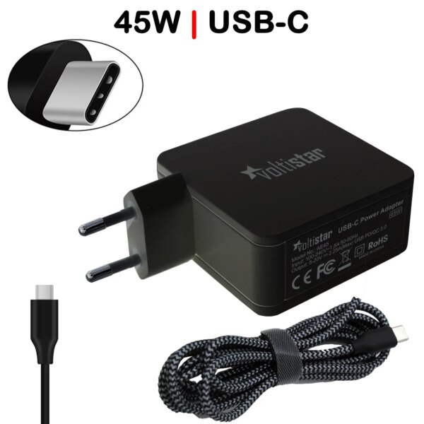 CARREGADORMULTIVOLTAJE USB-C PARA PORTÁTIL 5V-20V 2.25A 45W NEGRO CABO TRENZADO