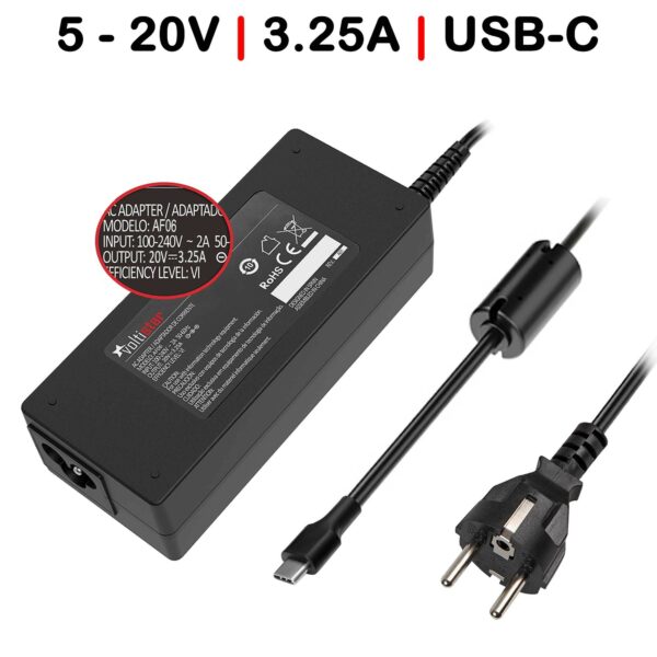 CARREGADORMULTIVOLTAJE USB-C PARA PORTÁTIL 5V-20V 3.25A 65W NEGRO