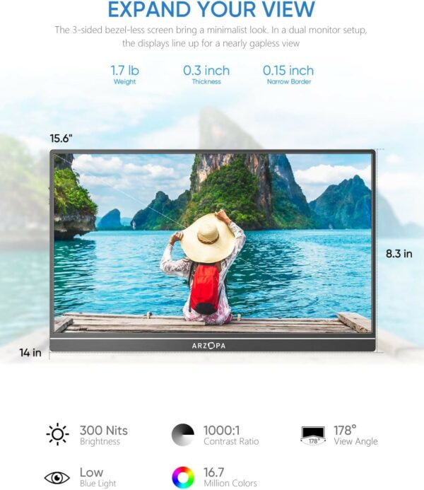 MONITOR PORTÁTIL ARZOPA A1 GAMUT DE 15.6" FHD IPS CON HDMI USB-C PARA PC MAC PS5 SWITCH - Image 2