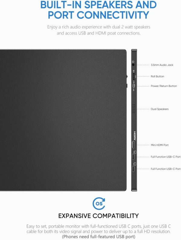 MONITOR PORTÁTIL ARZOPA A1 GAMUT DE 15.6" FHD IPS CON HDMI USB-C PARA PC MAC PS5 SWITCH - Image 5