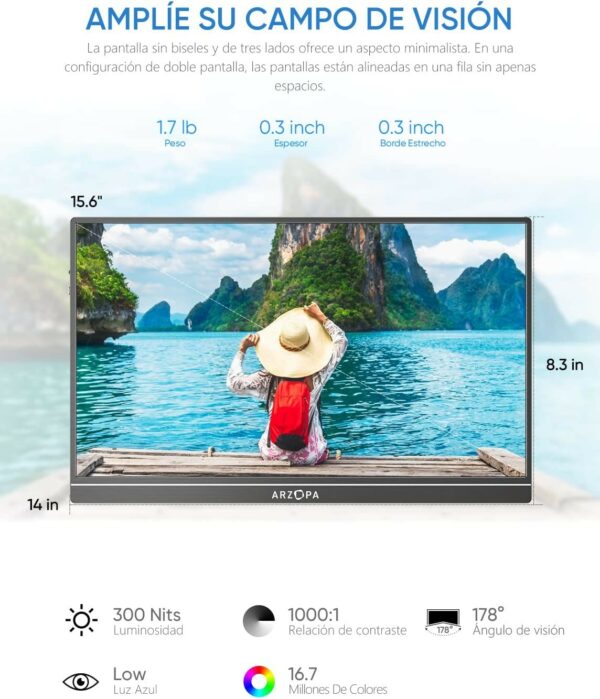 MONITOR PORTÁTIL ARZOPA S1 TABLE DE 15.6" 1080 FHD IPS CON HDMI USB-C PARA PC MAC PS5 NINTENDO SWITCH - Image 2