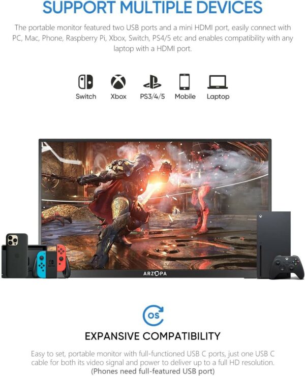 MONITOR PORTÁTIL ARZOPA A1 GAMUT SLIM DE 14" FHD IPS CON HDMI USB-C PARA PC MAC XBOX PS4 PS5 - Image 4