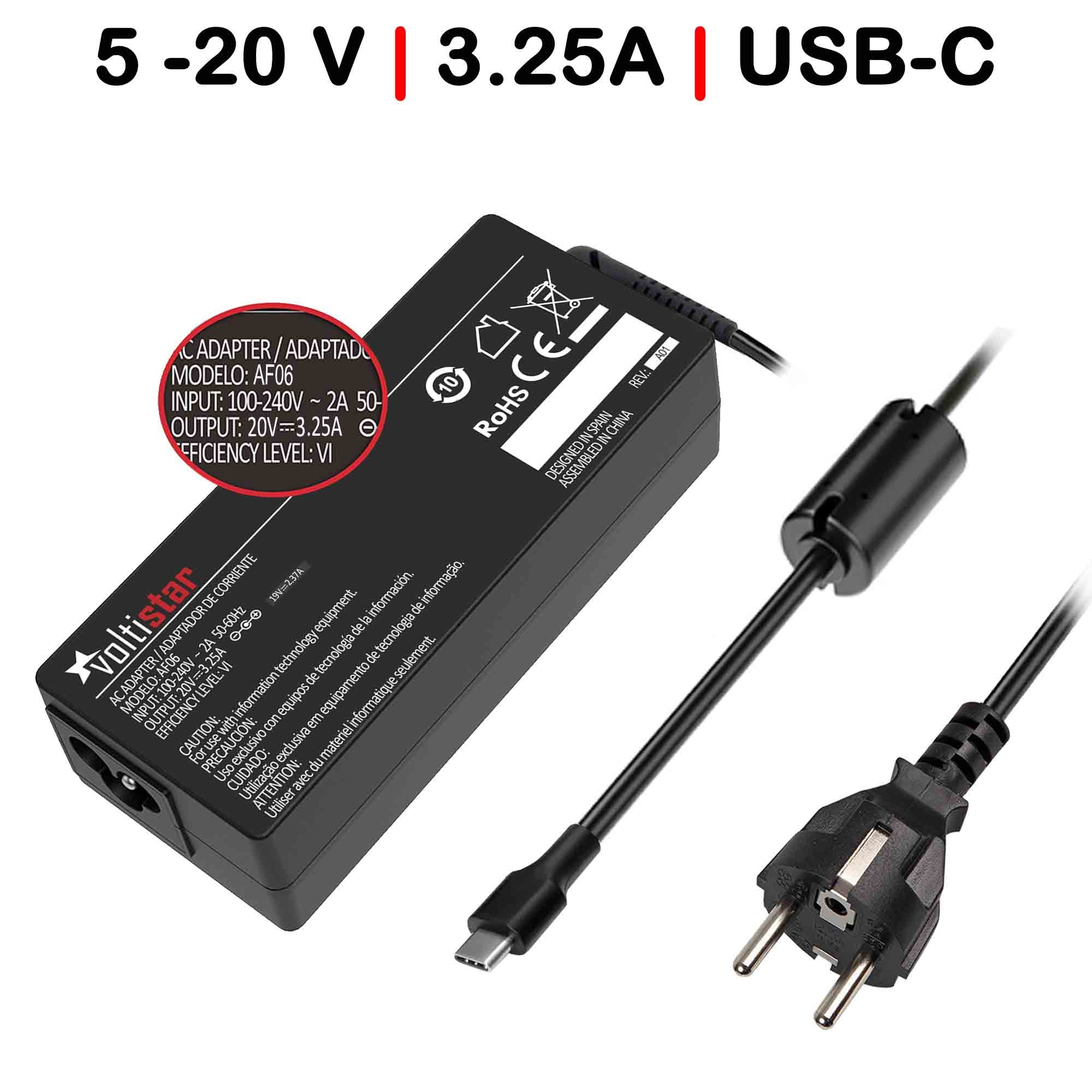 CARREGADOR USB-C MULTIVOLTAGEM PORTATIL 5V-20V 3.25A 65W PRETO