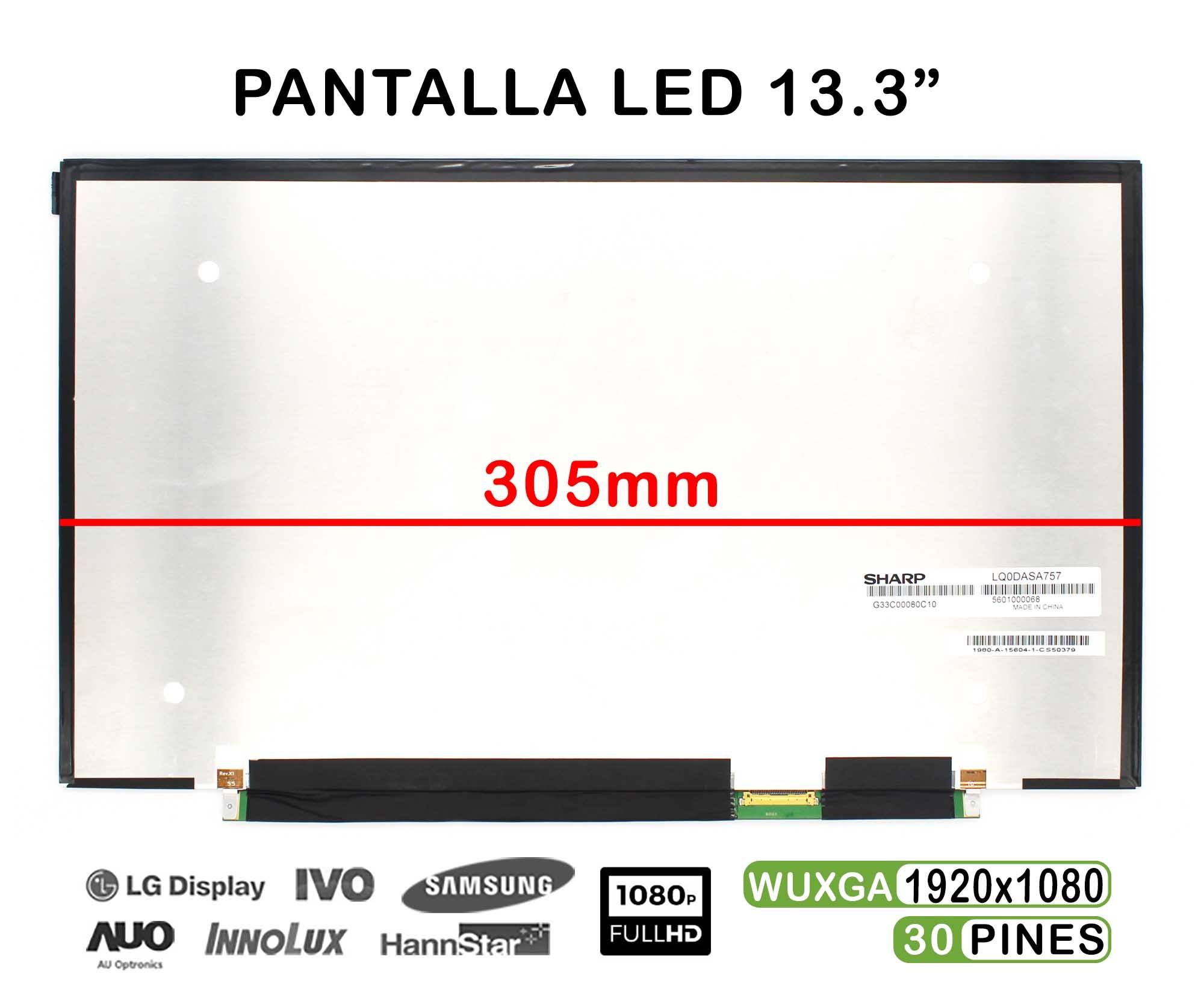 ECRÃ LED DE 13.3" POLEGADAS PARA PORTATIL SHARP LQ133M1JW02A FHD 30 PINES 305MM