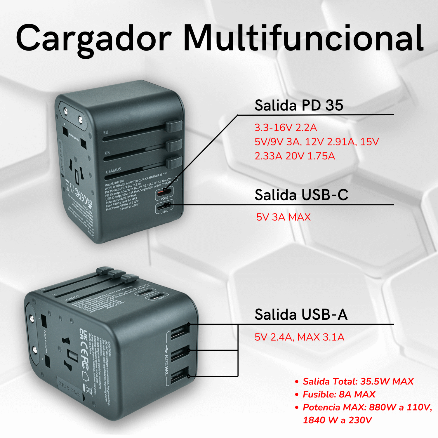 ADAPTADOR DE FICHA UNIVERSAL VOLTISTAR HHT906 MAX 35.5W PD CARGA RÁPIDA. FICHA DE VIAGEM UNIVERSAL COM 3 USB E 2 USB-C. - Image 3