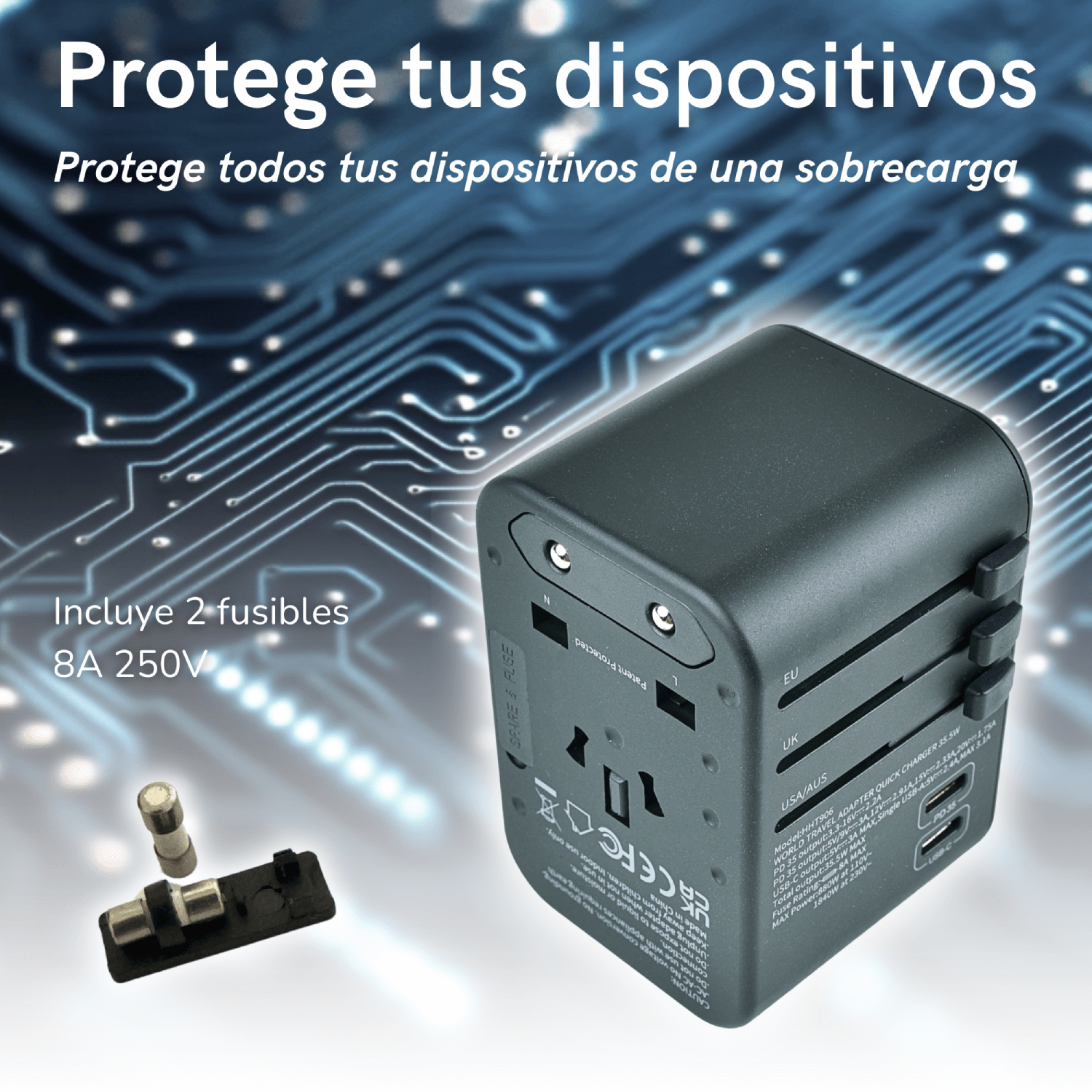 ADAPTADOR DE FICHA UNIVERSAL VOLTISTAR HHT906 MAX 35.5W PD CARGA RÁPIDA. FICHA DE VIAGEM UNIVERSAL COM 3 USB E 2 USB-C. - Image 4