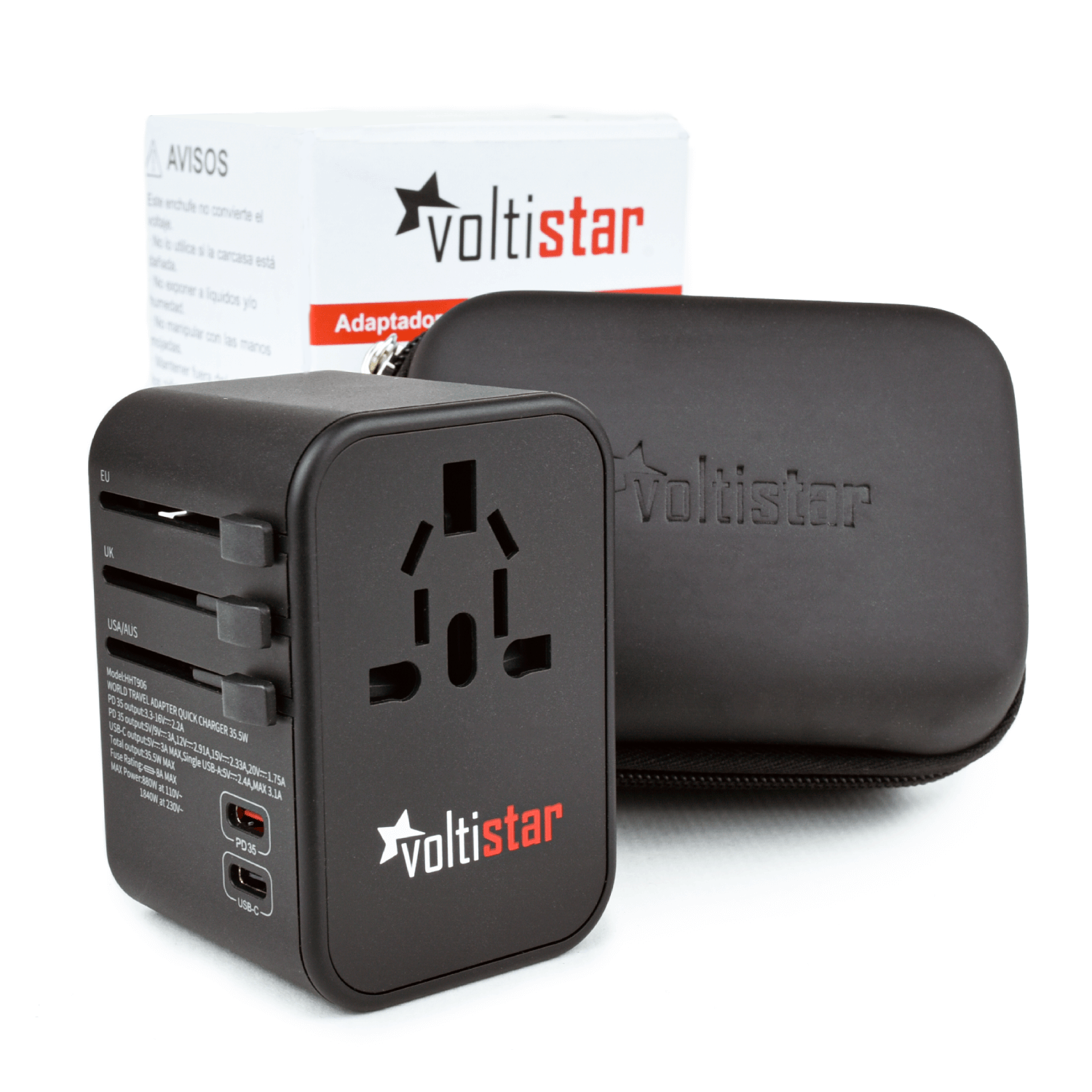 ADAPTADOR DE FICHA UNIVERSAL VOLTISTAR HHT906 MAX 35.5W PD CARGA RÁPIDA. FICHA DE VIAGEM UNIVERSAL COM 3 USB E 2 USB-C.