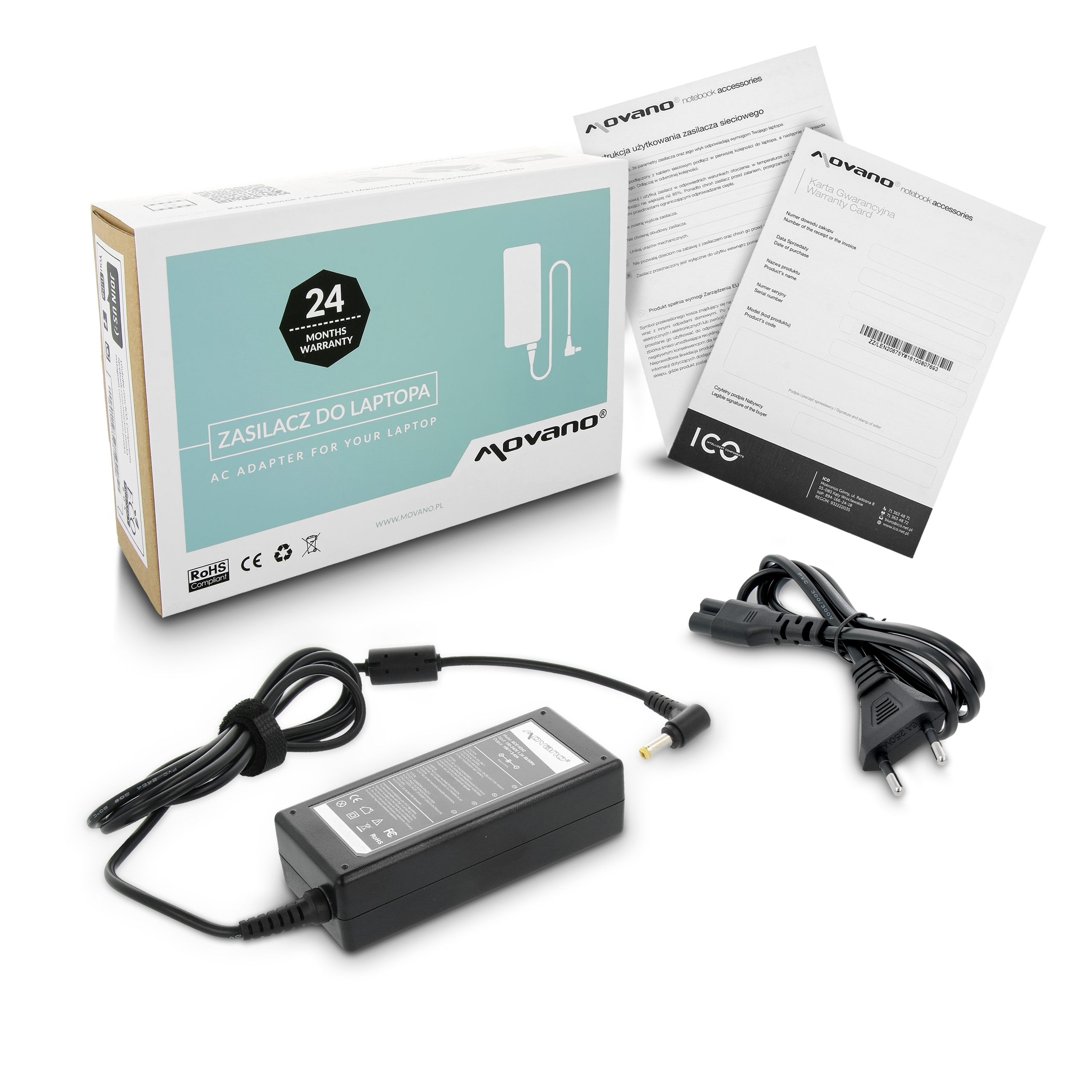 Carregador Movano 19V 3.42A (5.5x1.7 mm) 65W para Acer, Packard Bell e outros