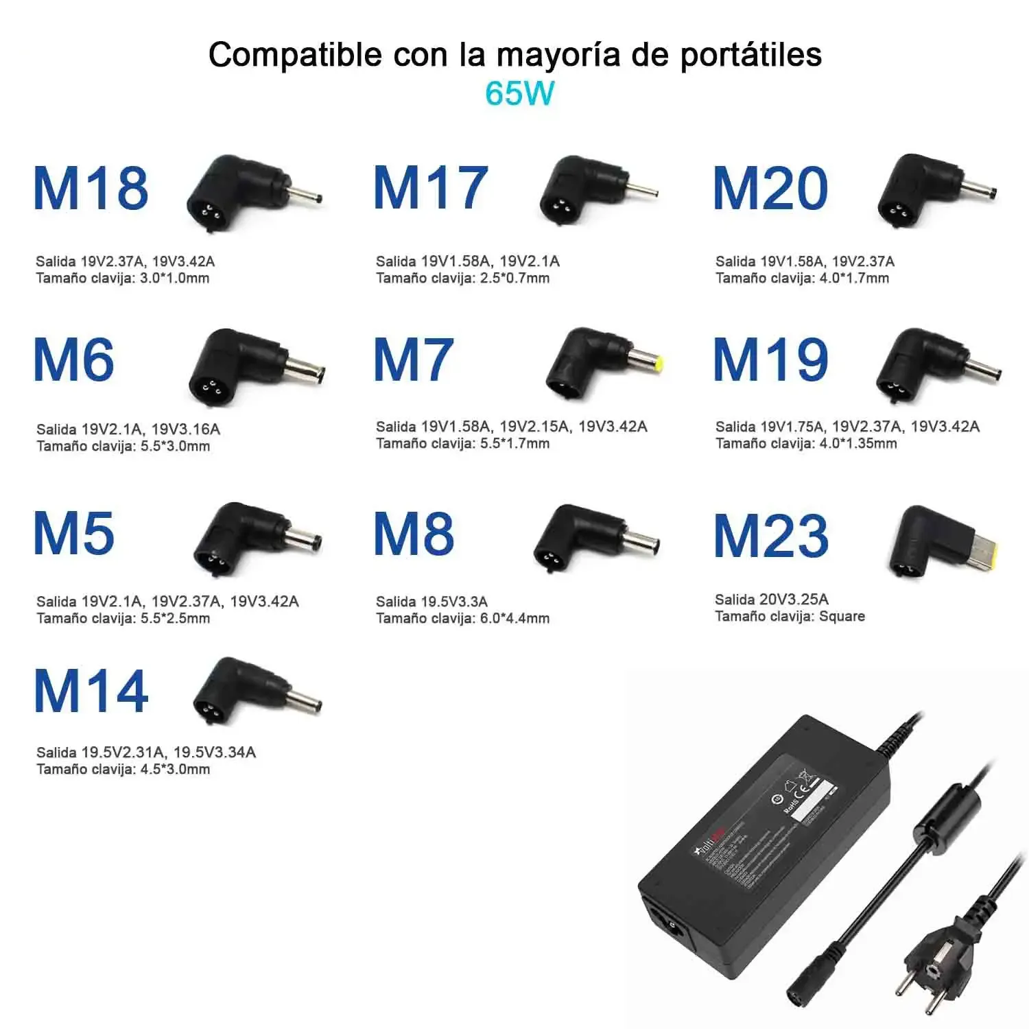 CARREGADOR UNIVERSAL PARA PORTÁTEIS 9.5-20V 65W 9 TIPS