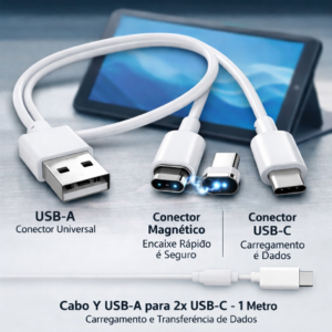 Cabo Y USB-A para 2x USB-C Magnético Branco - Carregamento Rápido para Portáteis e Dispositivos