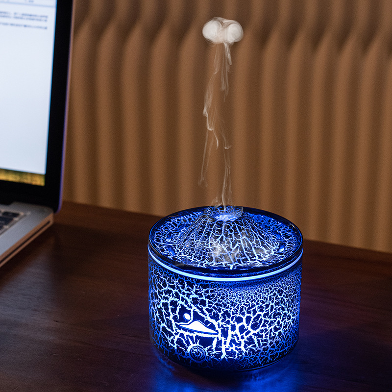 Difusor de Aromaterapia Efeito Vulcão com Luz LED e Humidificador de Névoa Fria - Chama Azul e 7 Cores, 9.6W, Branco Rachado - Hub Parts - Image 7
